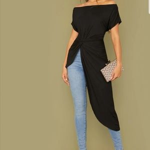 {NEW} SHEIN • Twist Front Asymmetrical Hem Bardot Top